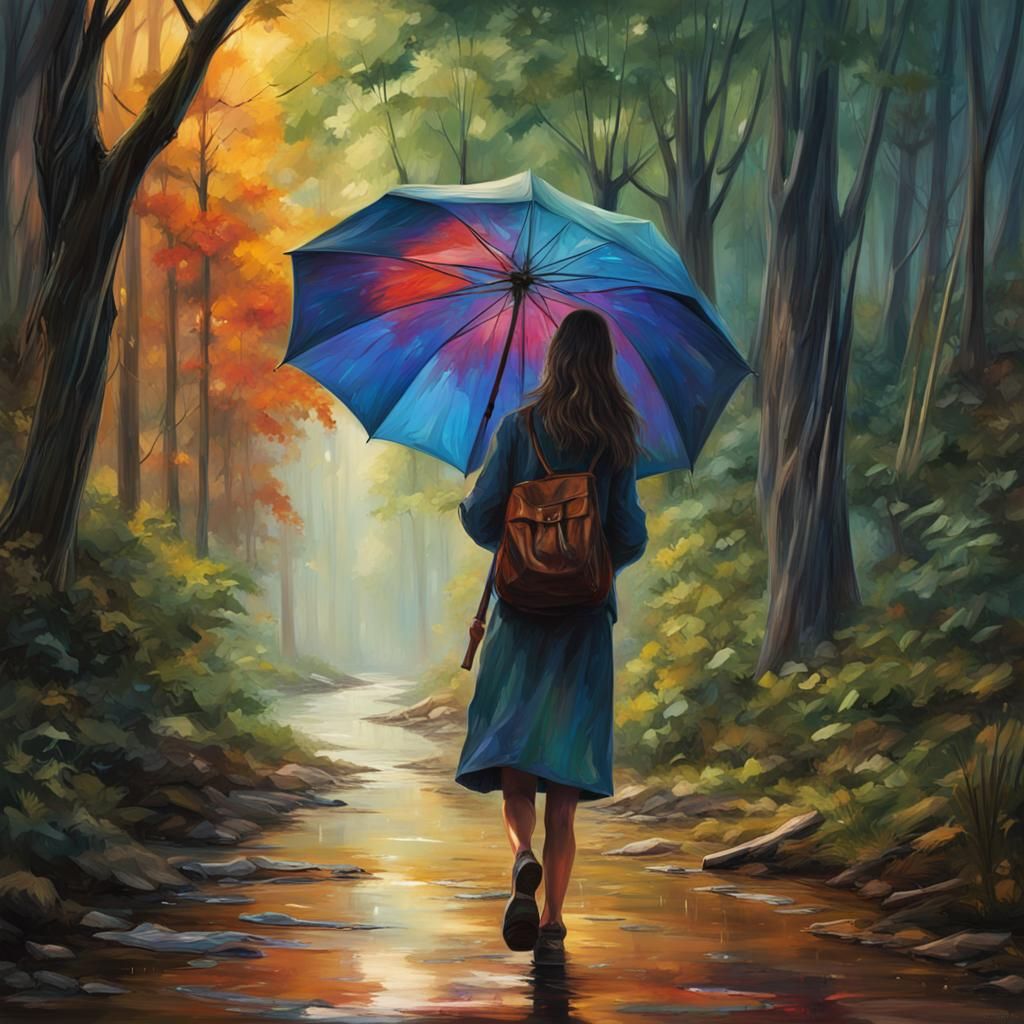 Girl with Umbrella on Forest Path in Splash Art