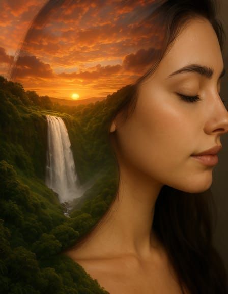 Woman in Profile with Waterfall Sunset: Oil Painting