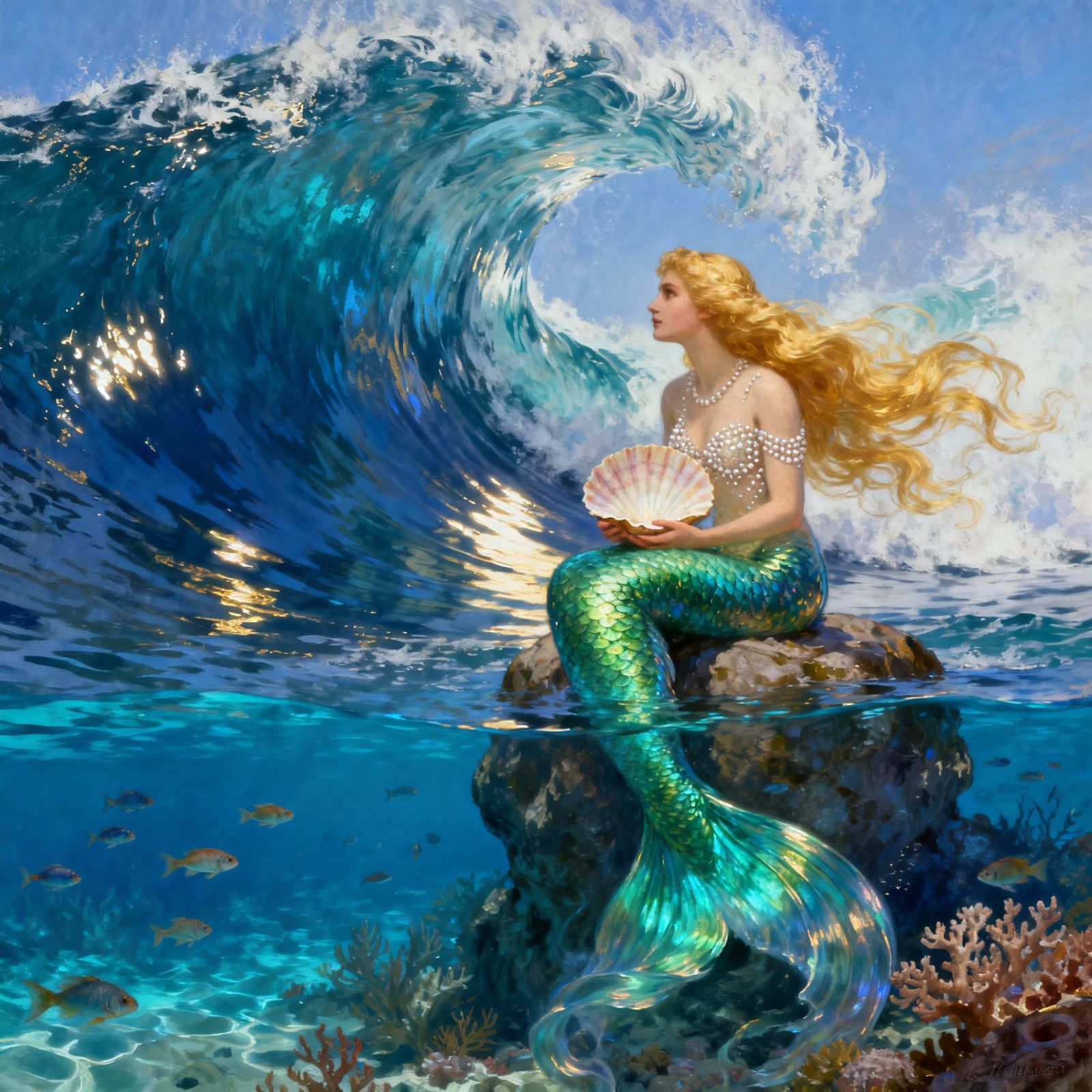 Dreamy Mermaid on Rock with Wave, Digital Painting