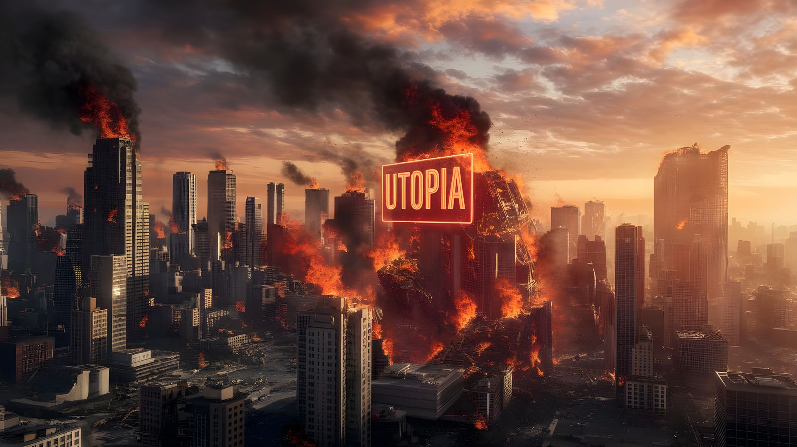 Dystopian Metropolis: Utopia Billboard in Burning City