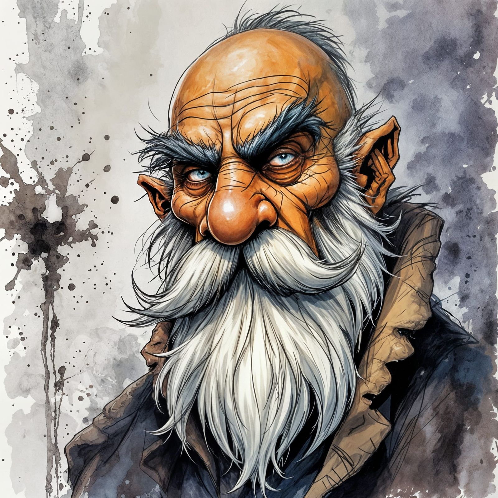 Old Gnome Arcanist with Furry Eyebrows in Ink Drawing Style