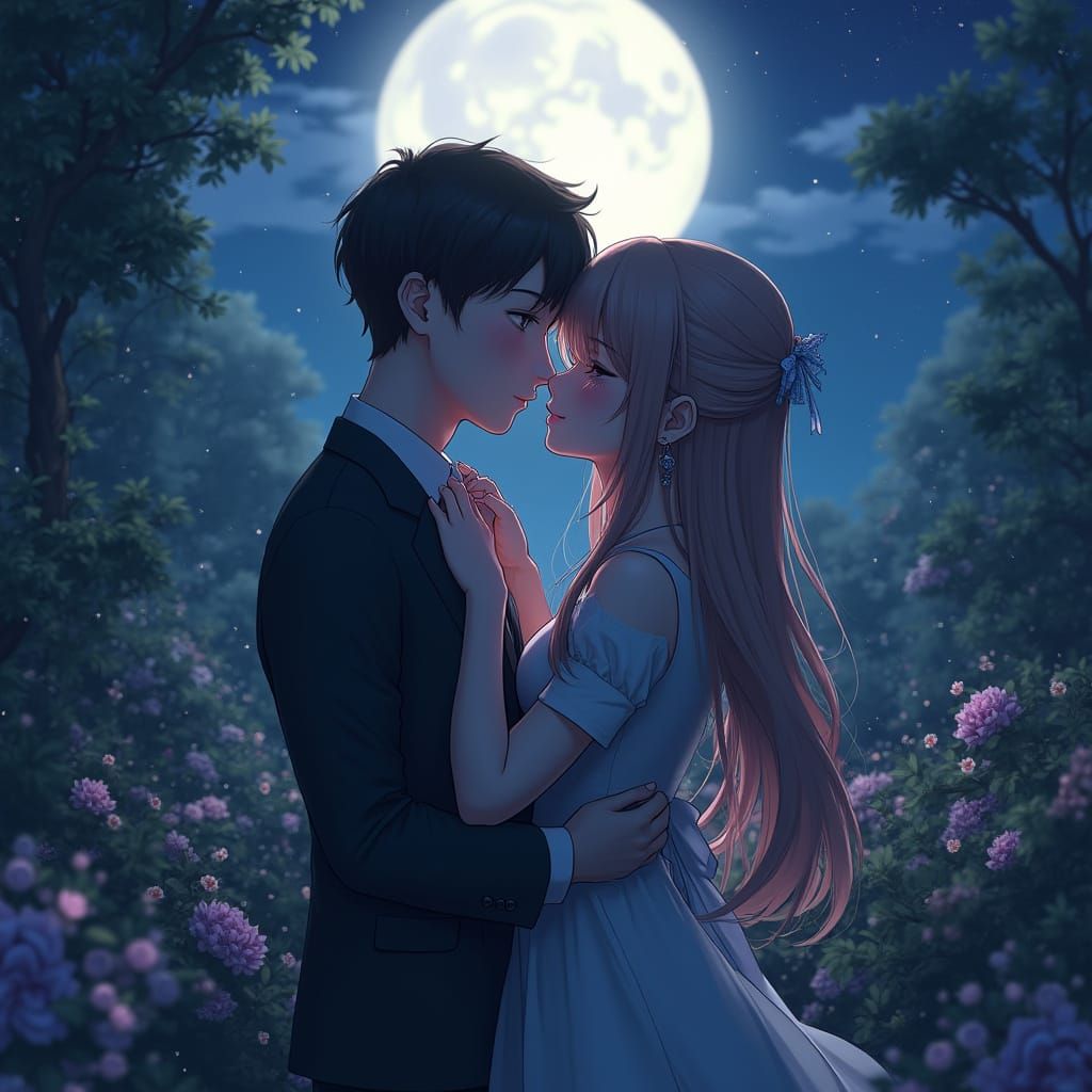 Romantic Anime Concept Art in Moonlit Garden