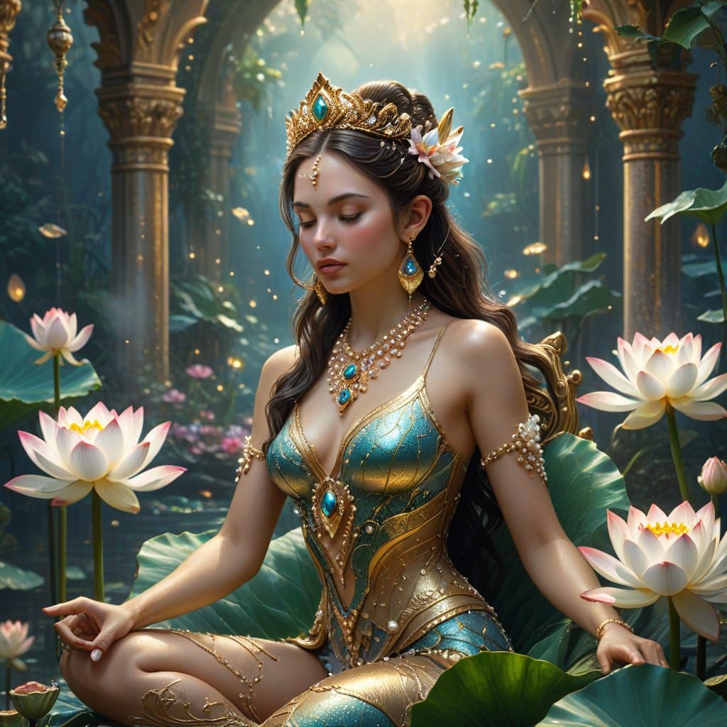 Enchanting Fantasy Queen in Lotus Glory, Adorned with Pearls...