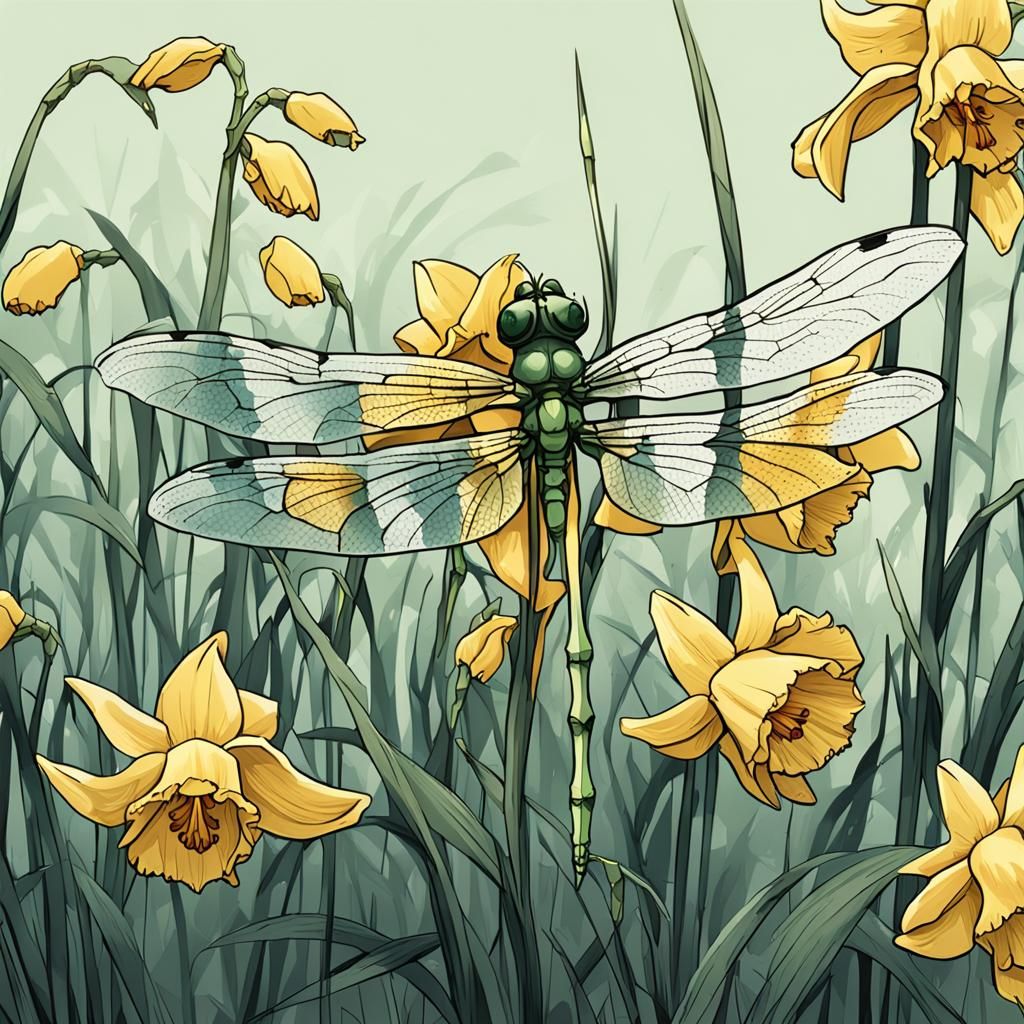 Wilted Daffodil with Dragonfly Skeleton: Anime Style