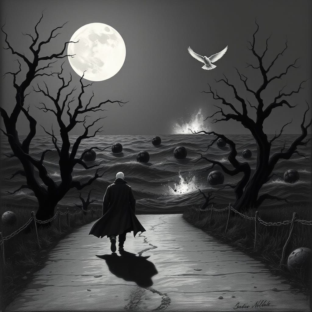 Mysterious Wanderer on a Haunting Moonlit Road