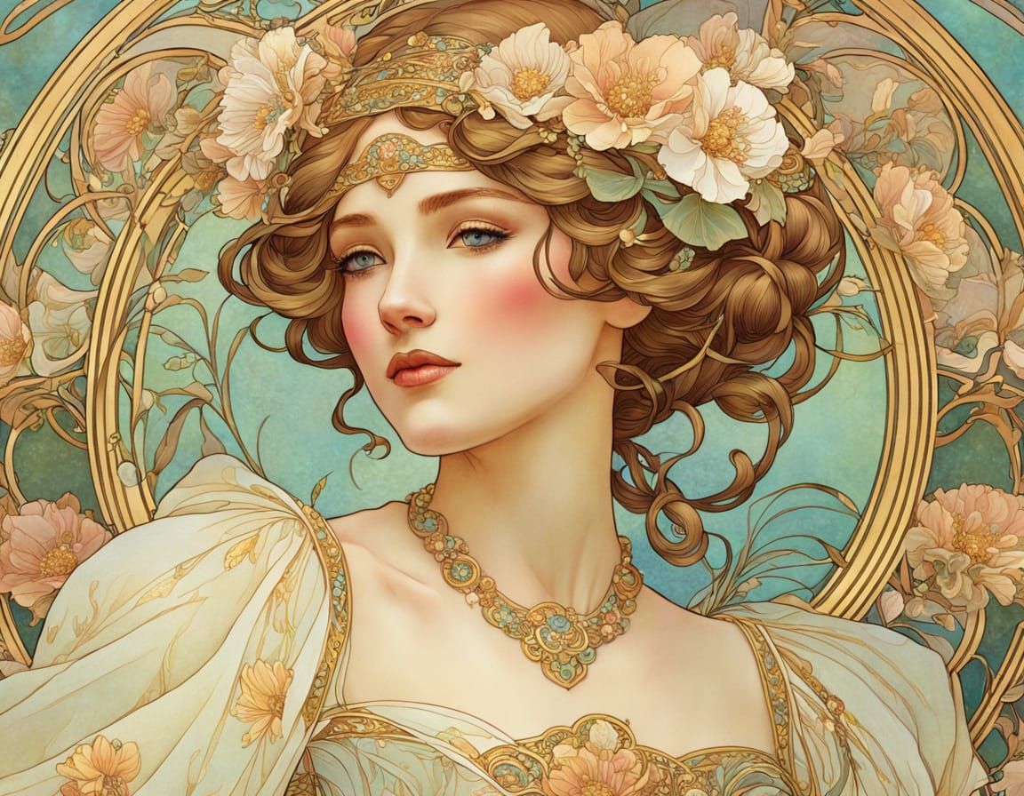 Elegant Woman in Art Nouveau Style with Delicate Flowers and...
