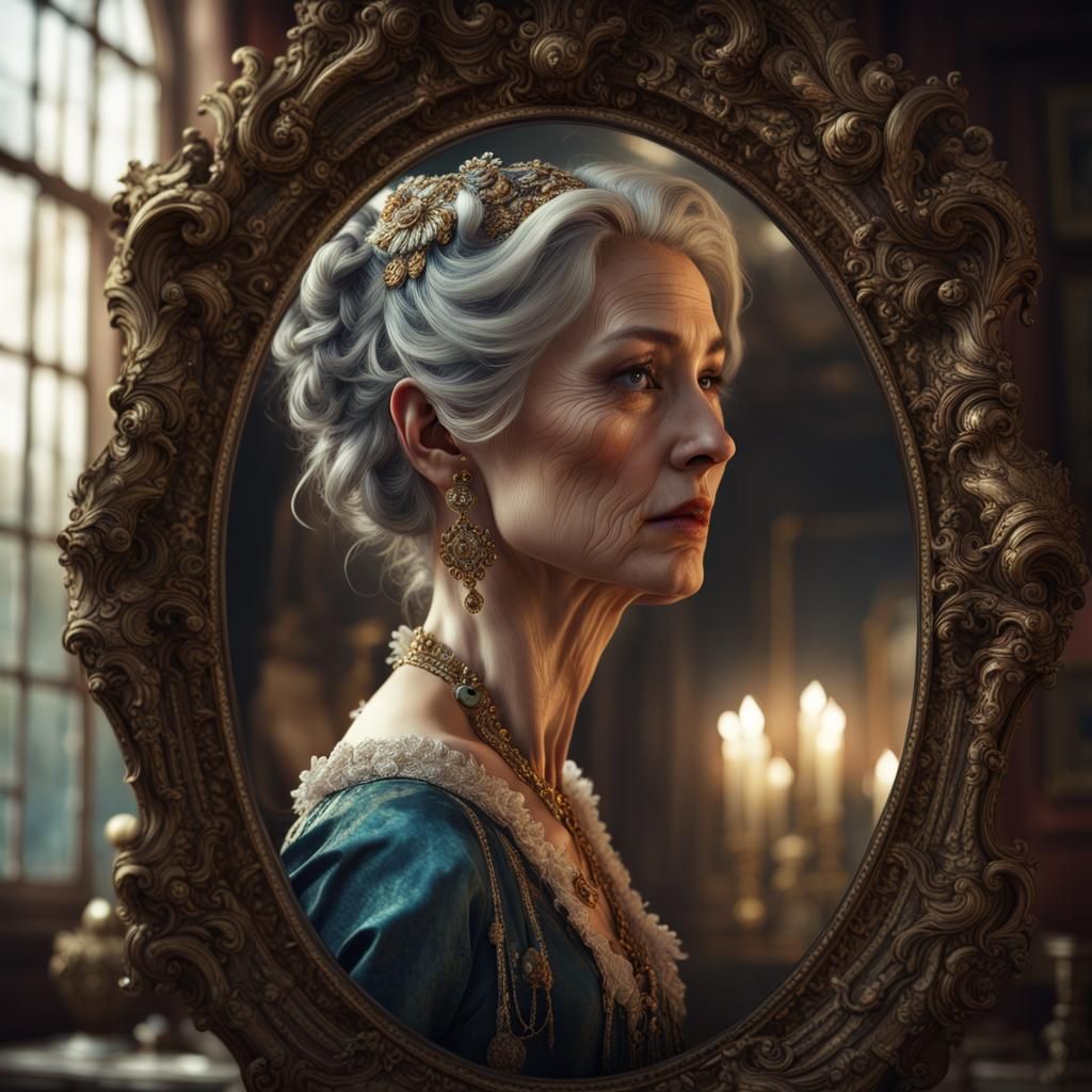 Woman's Reflection Reveals Aging in Detailed Matte Painting