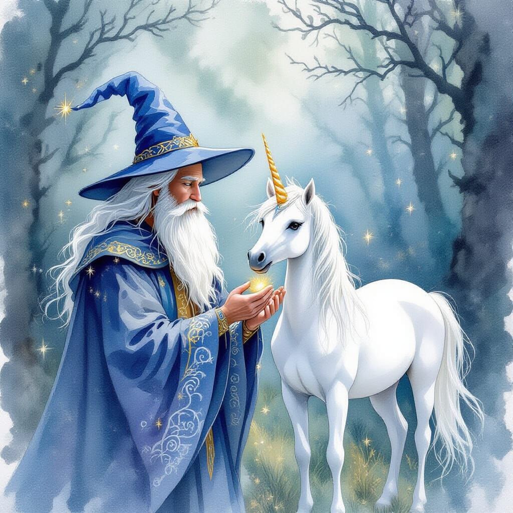 Magician Tends to Unicorns in Watercolor Style