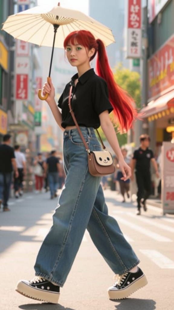Japanese Woman in Harajuku with Red Ponytail and Parasol