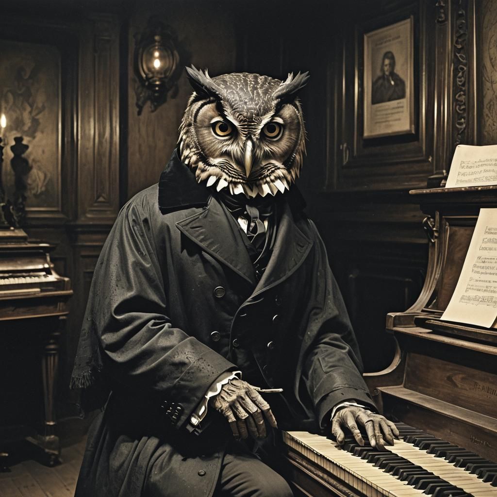 Chopin as Owl Playing Piano in Dark Gothic Style