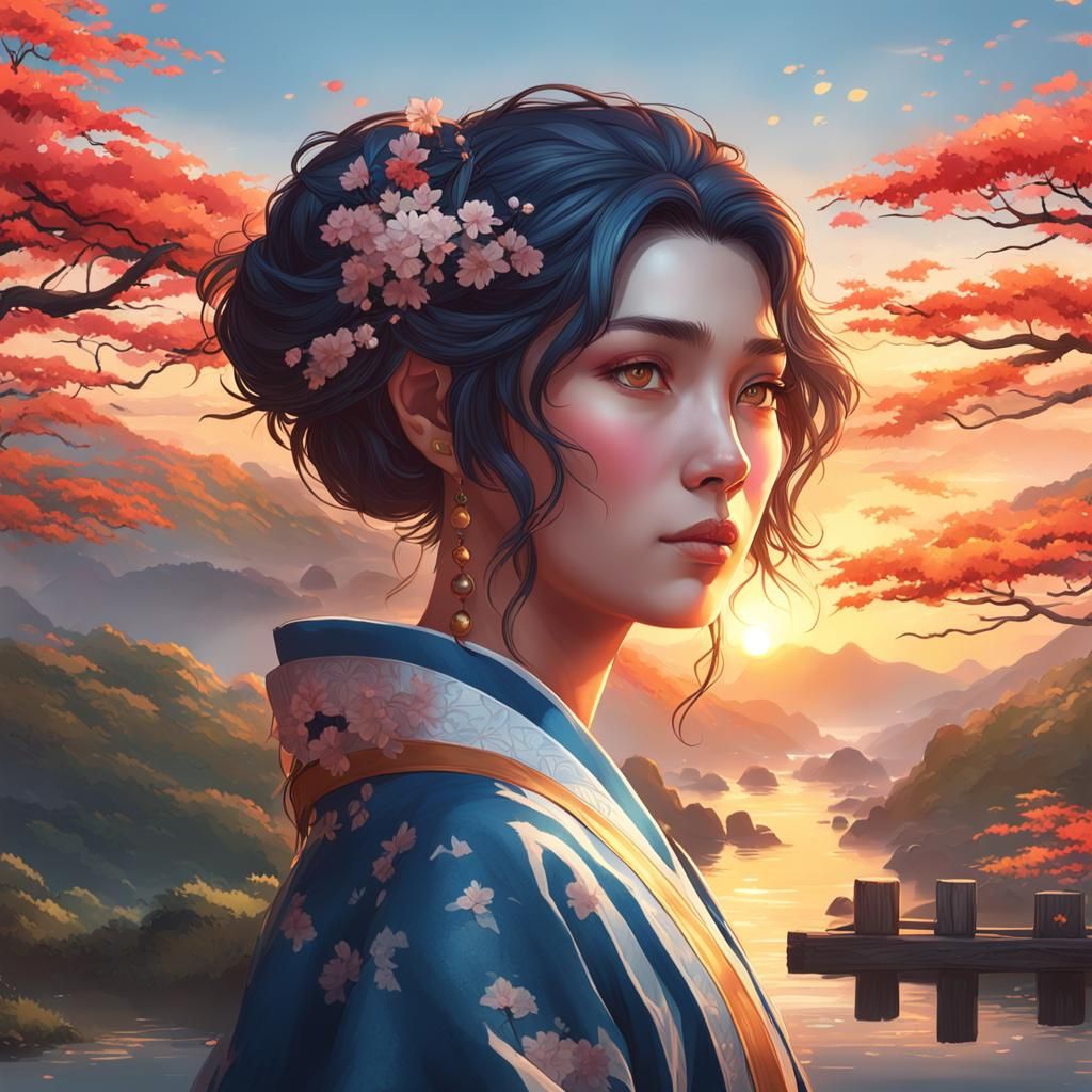 Japanese Sunrise Portrait by Rutkowski, Artgerm, and Mucha