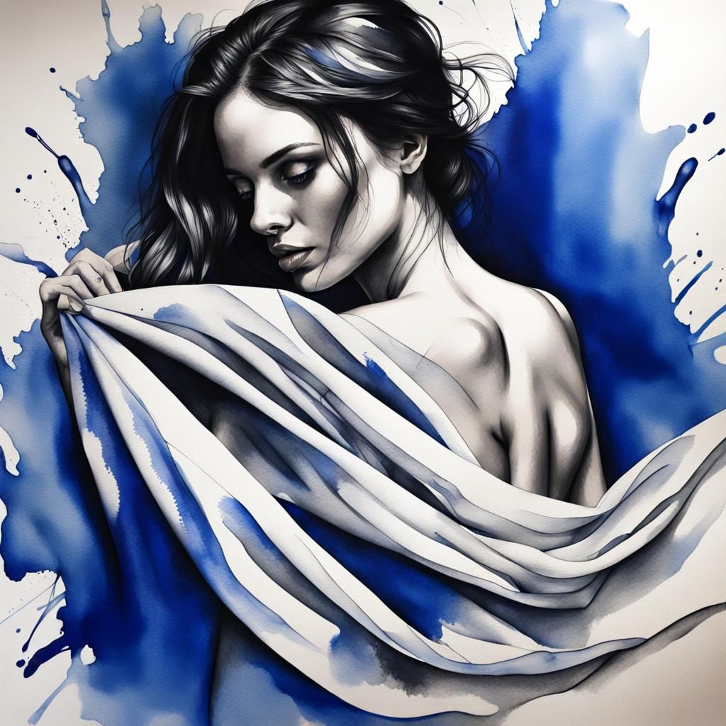 Realistic Ink Drawing of Woman with Silk Sheets