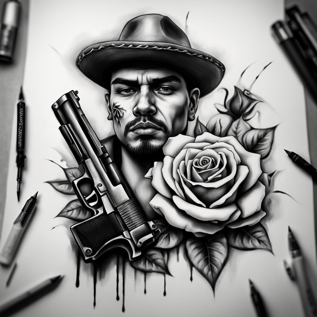 Chicano Tattoo Sketch: Gangster with Gun and Rose