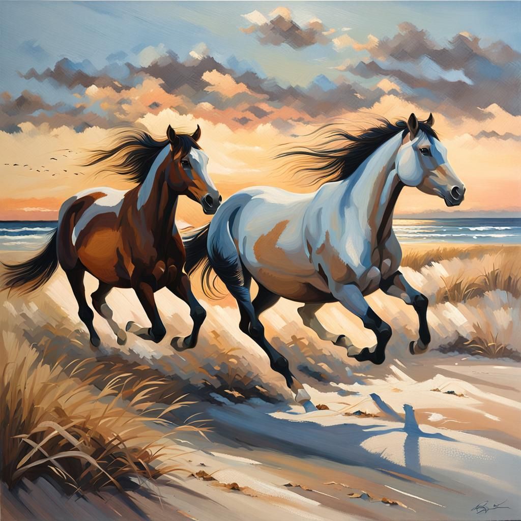 Wild Horses Running on Beach at Sunset, Oil Painting