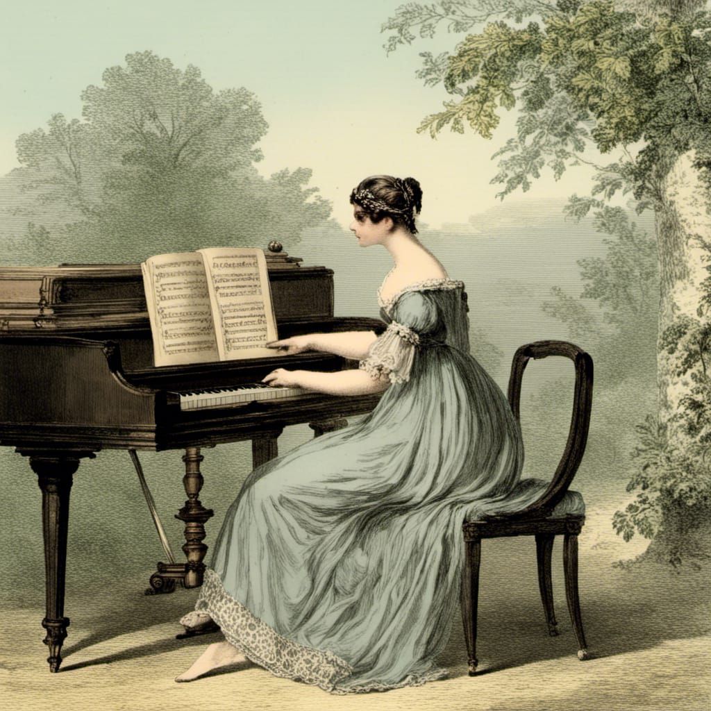 Regency Girl Plays Piano in Photorealistic Style