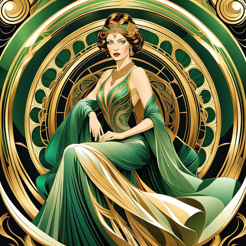 Art Deco Woman in Flowing Gown, Mucha Style