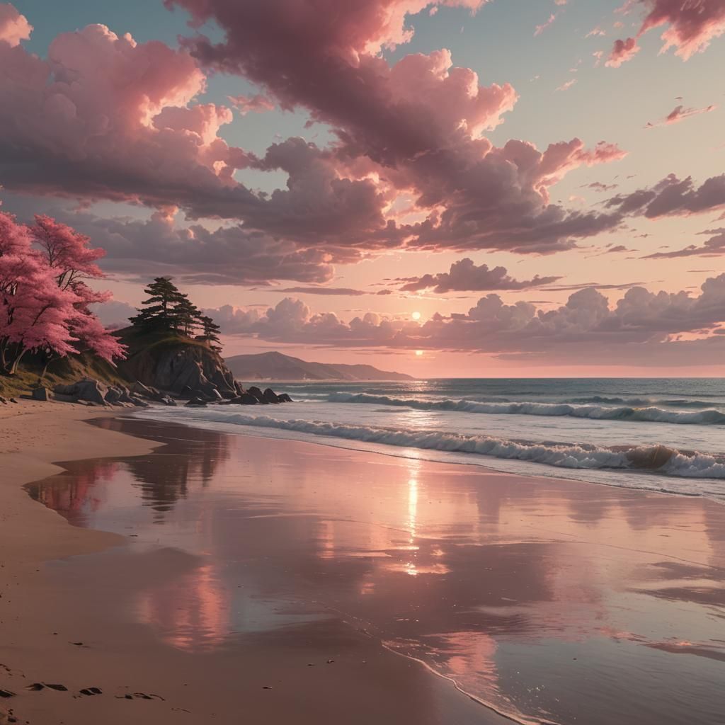 Beach Sunset with Pink Trees: Digital Matte Painting