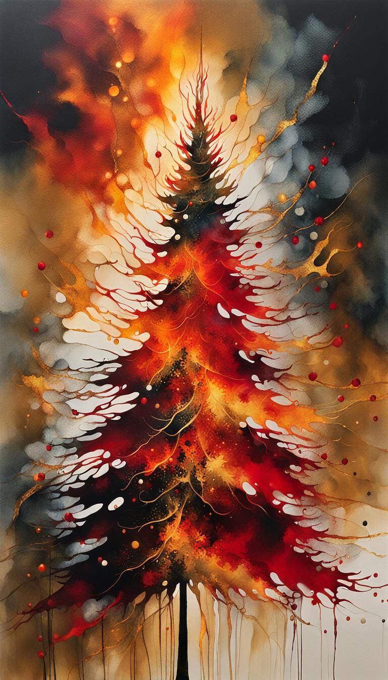 Fiery Christmas Tree in Abstract Alcohol Ink