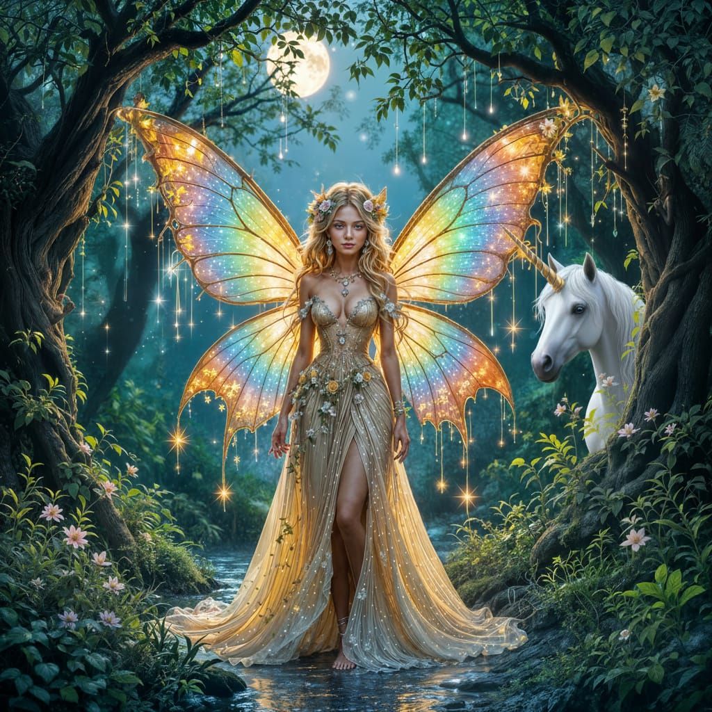 Fairy in Golden Gown in Enchanted Forest at Night