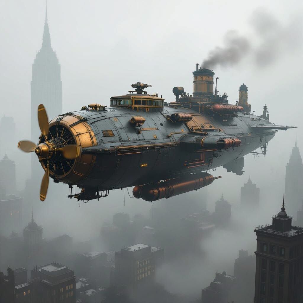 Dieselpunk Battleship Soaring Through Smoggy City