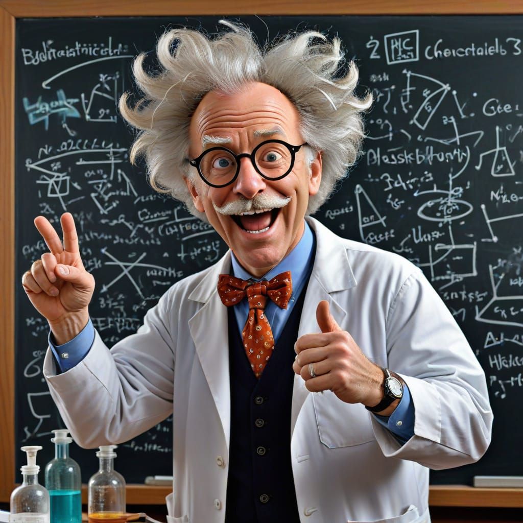 Humorous Scientist Caricature with Wild Hair and Bubbling Ch...