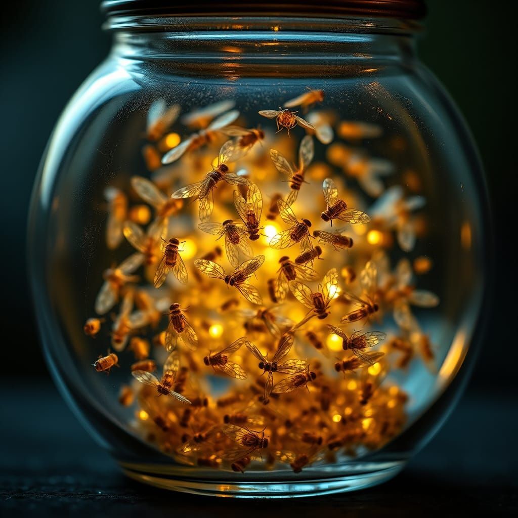 Fireflies Glowing in Crystal Jar, Hyperrealistic Style