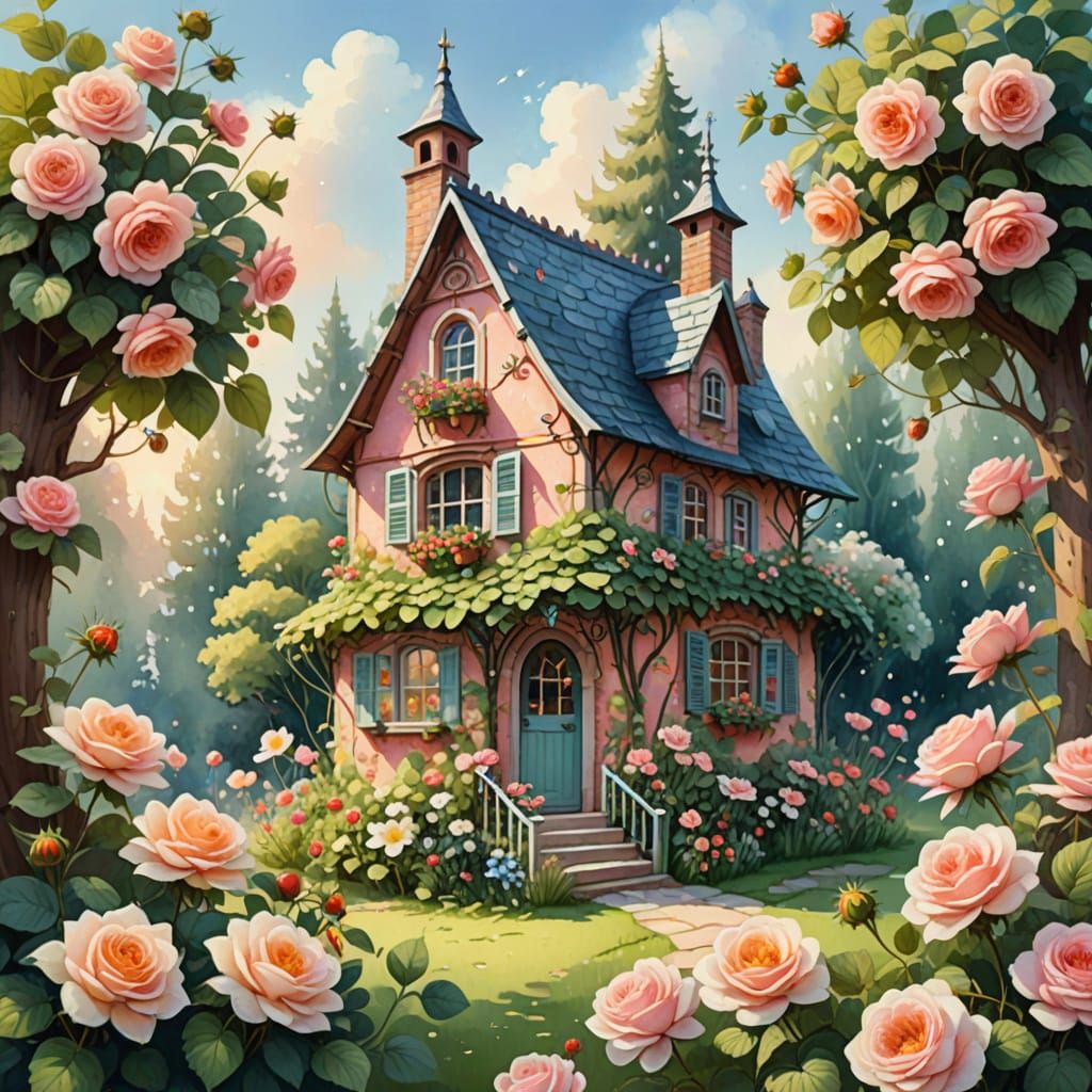 Whimsical Strawberry House in a Lush Floral Paradise