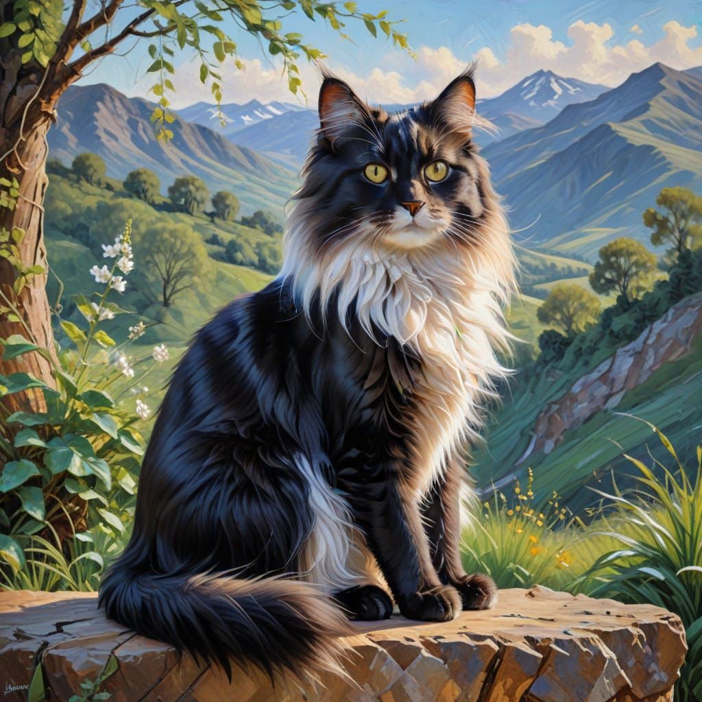 Elegant Longhaired Cat in a Fine Art Landscape