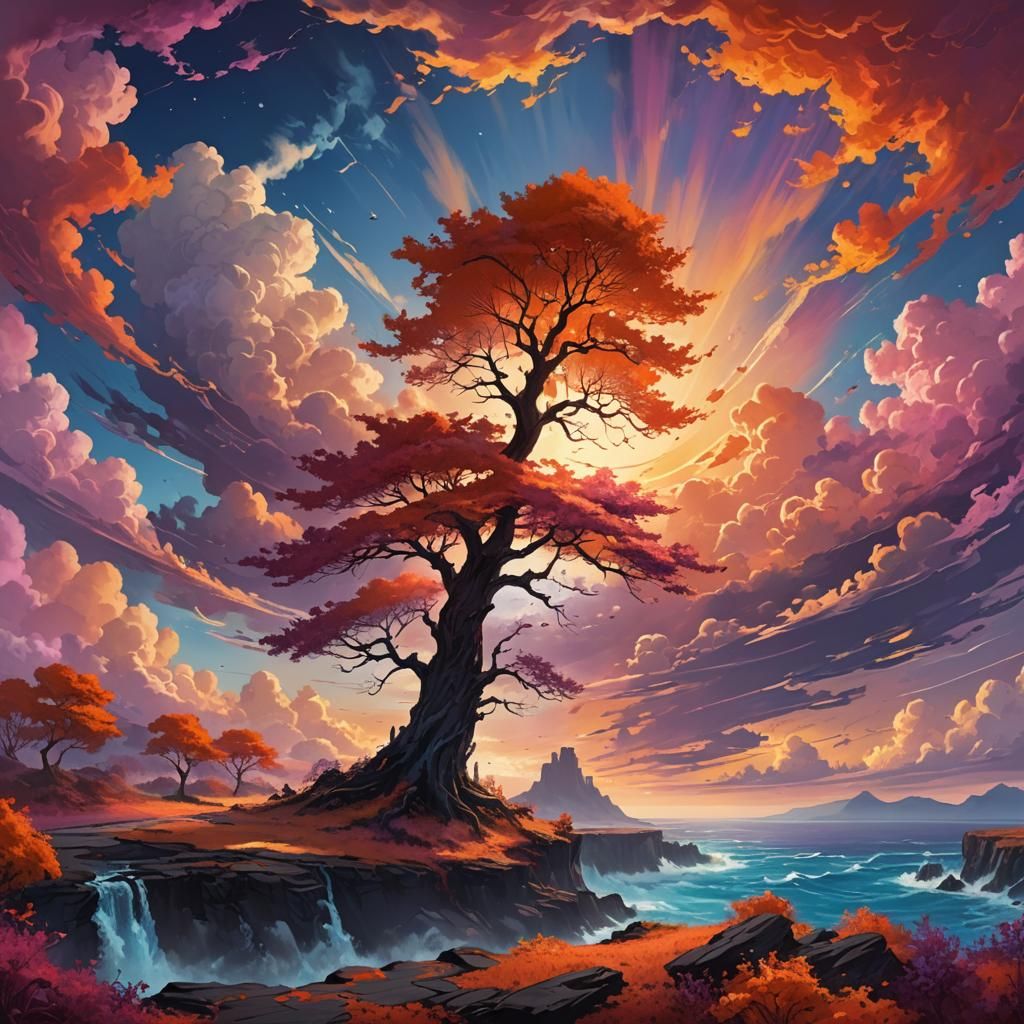 Coastal Sunset with Fiery Foliage in Fantasy Style