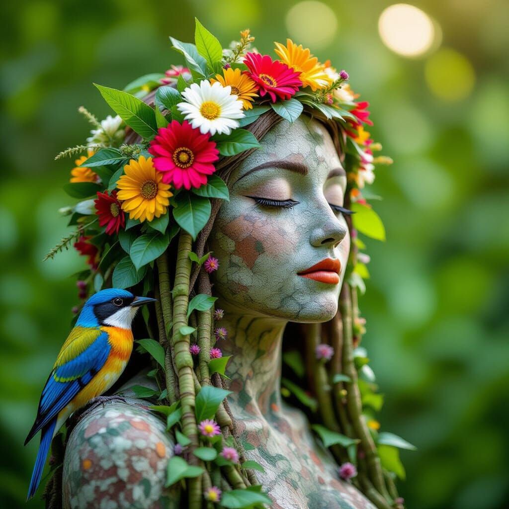 Stone Woman with Floral Hair: Professional Portrait