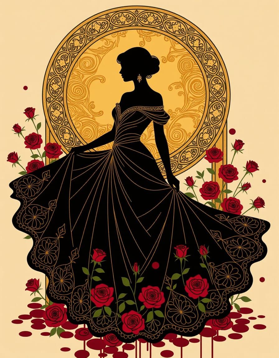 Elegant Woman in Gown with Golden Art Nouveau Backdrop