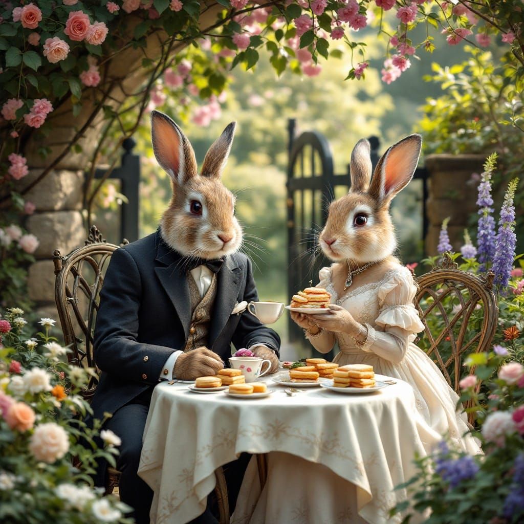 Elegant English Garden Rabbits Enjoy Tea and Treats