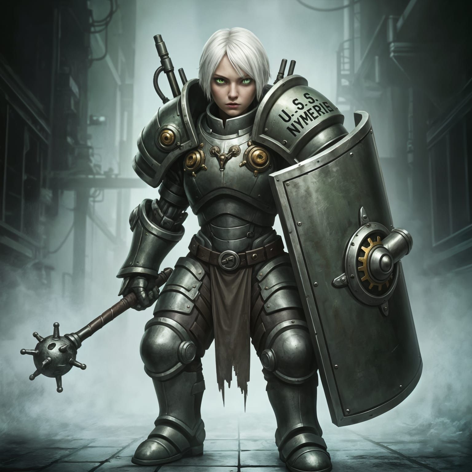 Steampunk Warrior Freya in Green and Gray Armor