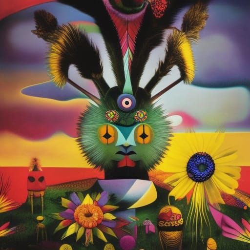 Bunny Kachina Kaiju in Surreal Dandelion Dreamscape