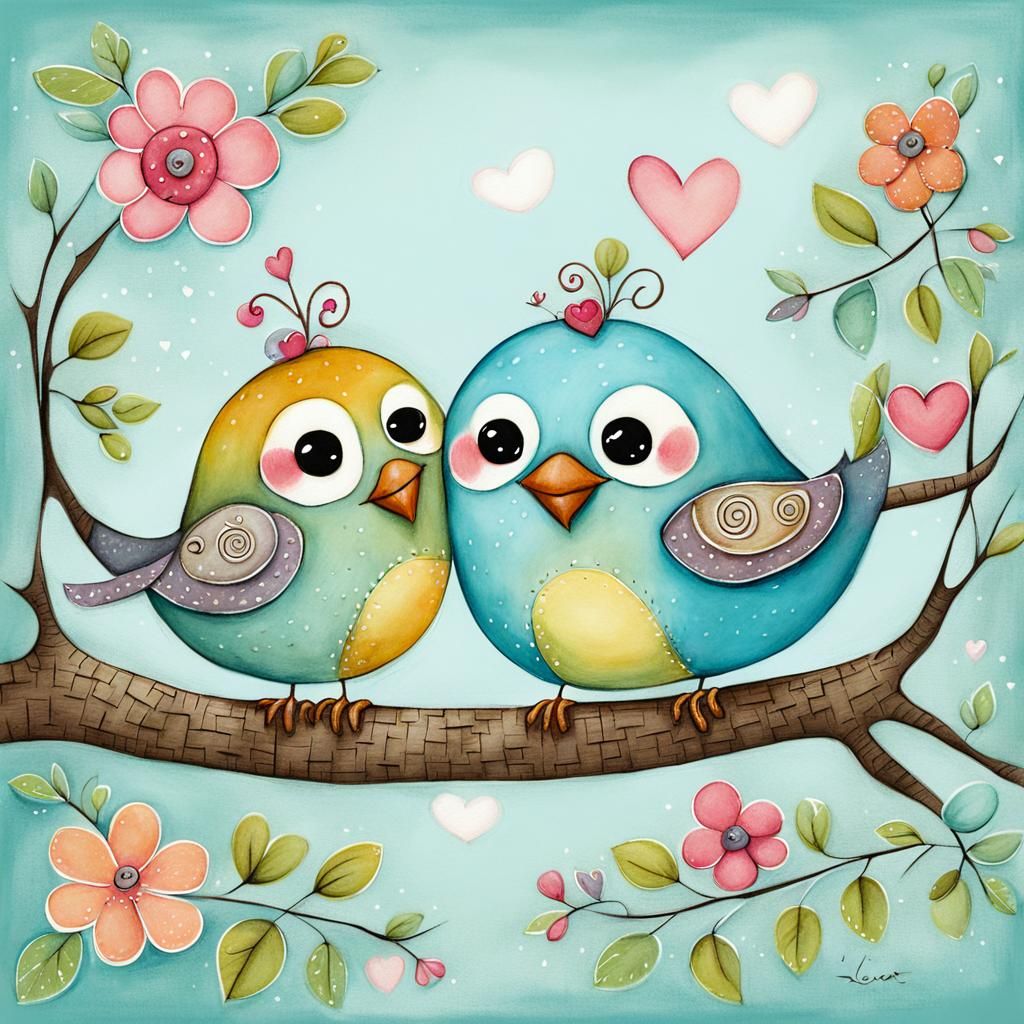 Birds in Love Illustration in Fantasy Pastel Colors