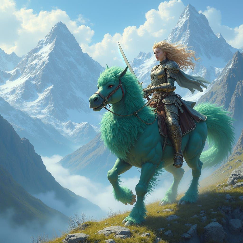 Heroic Warrior Rides Majestic Chocobo Through Snow-Capped Pe...