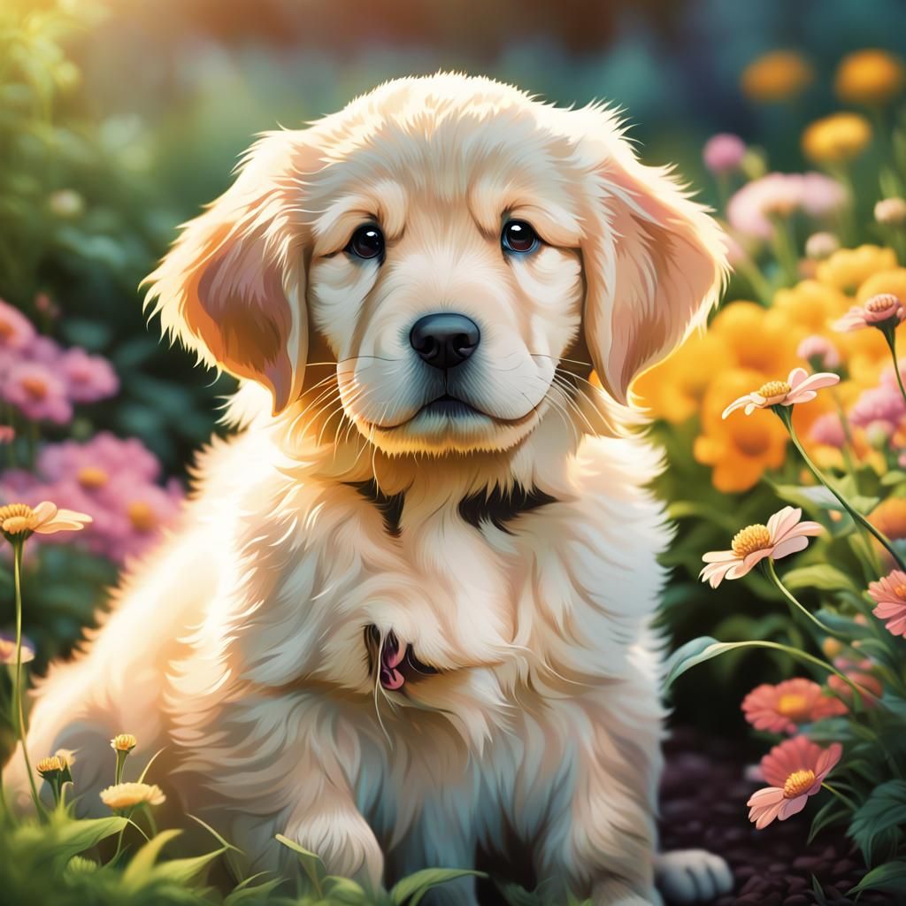 Anime Golden Retriever Puppy in Flower Garden