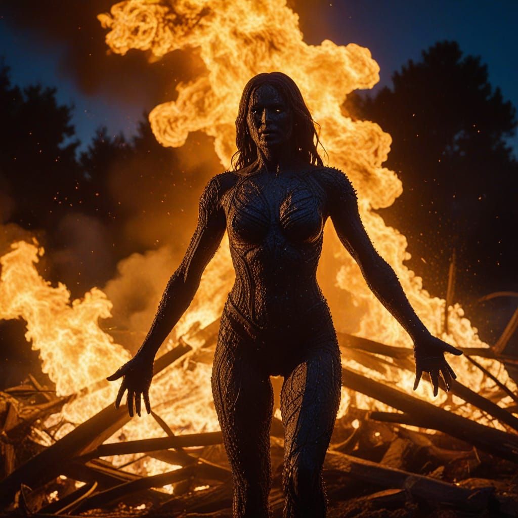 Surreal Bonfire Ritual with Burning Statue Sculpture