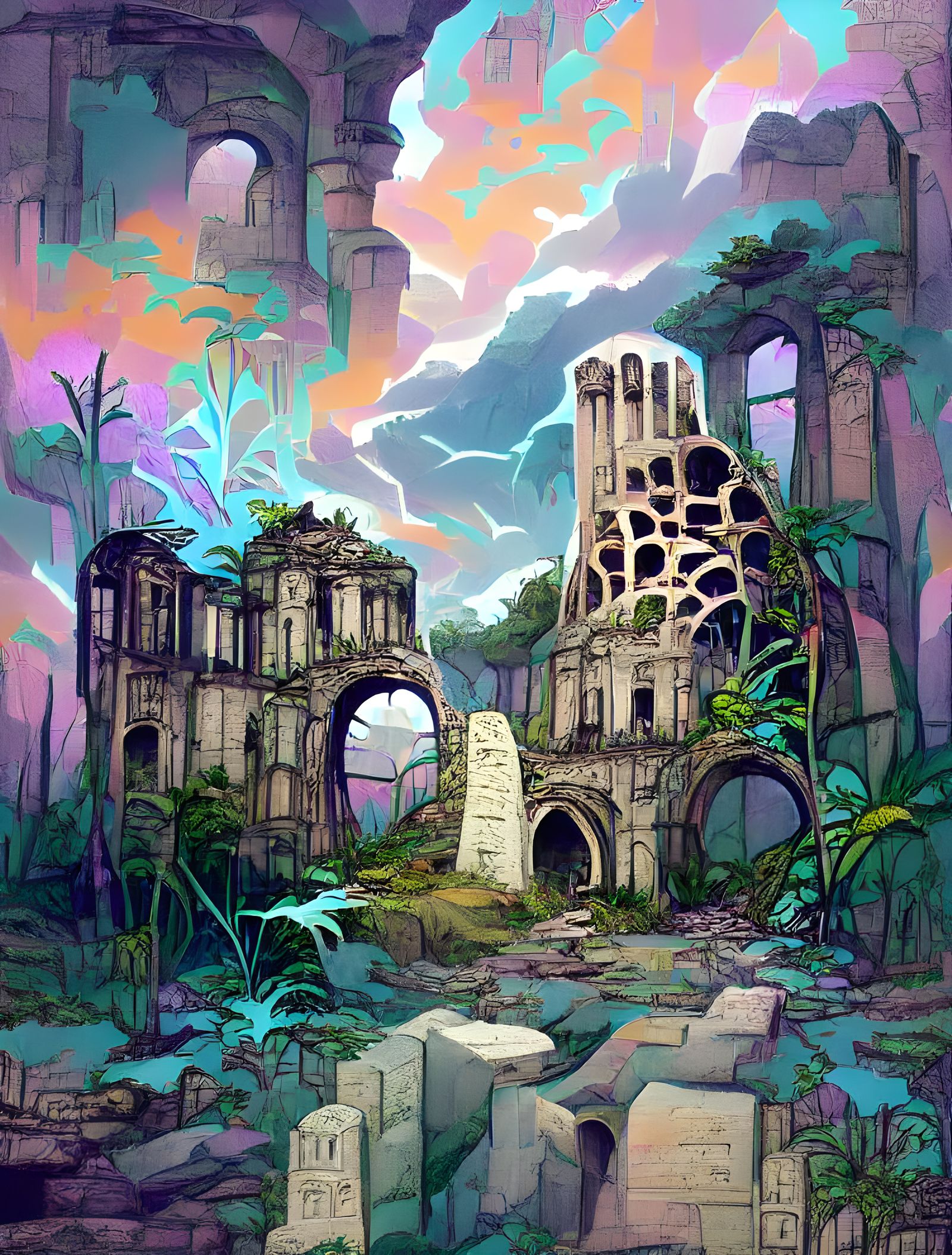 Glowing Ruins in Art Nouveau Style