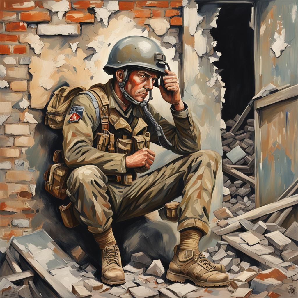 British Soldier in War-Torn City, Acrylic Painting Style