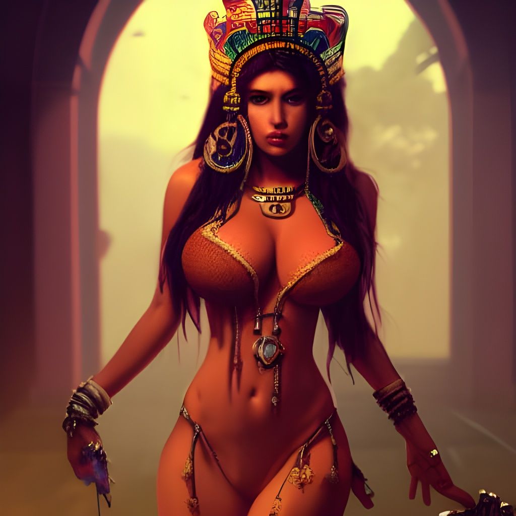 Seductive Aztec Priestess in Hyperreal Style