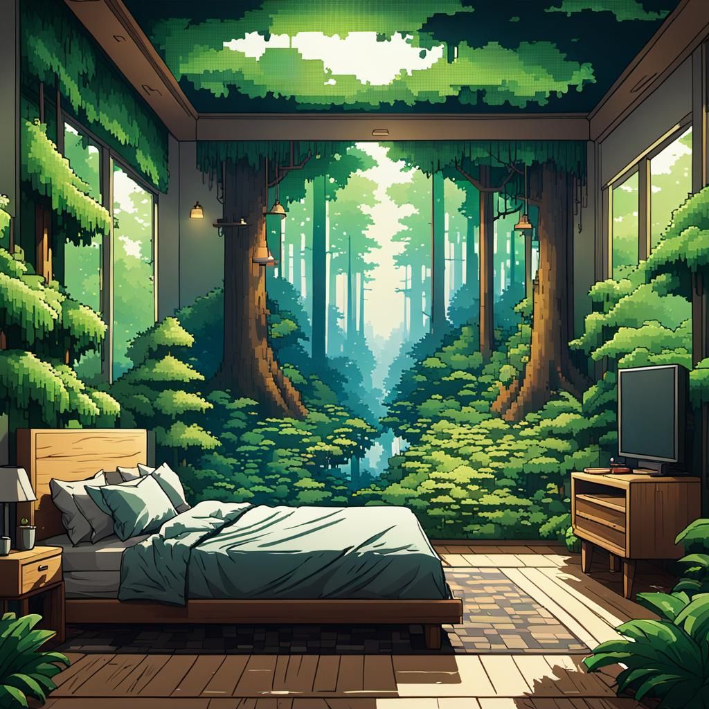 8-Bit Pixel Bedroom in Forest, Cel-Shaded Pop Art