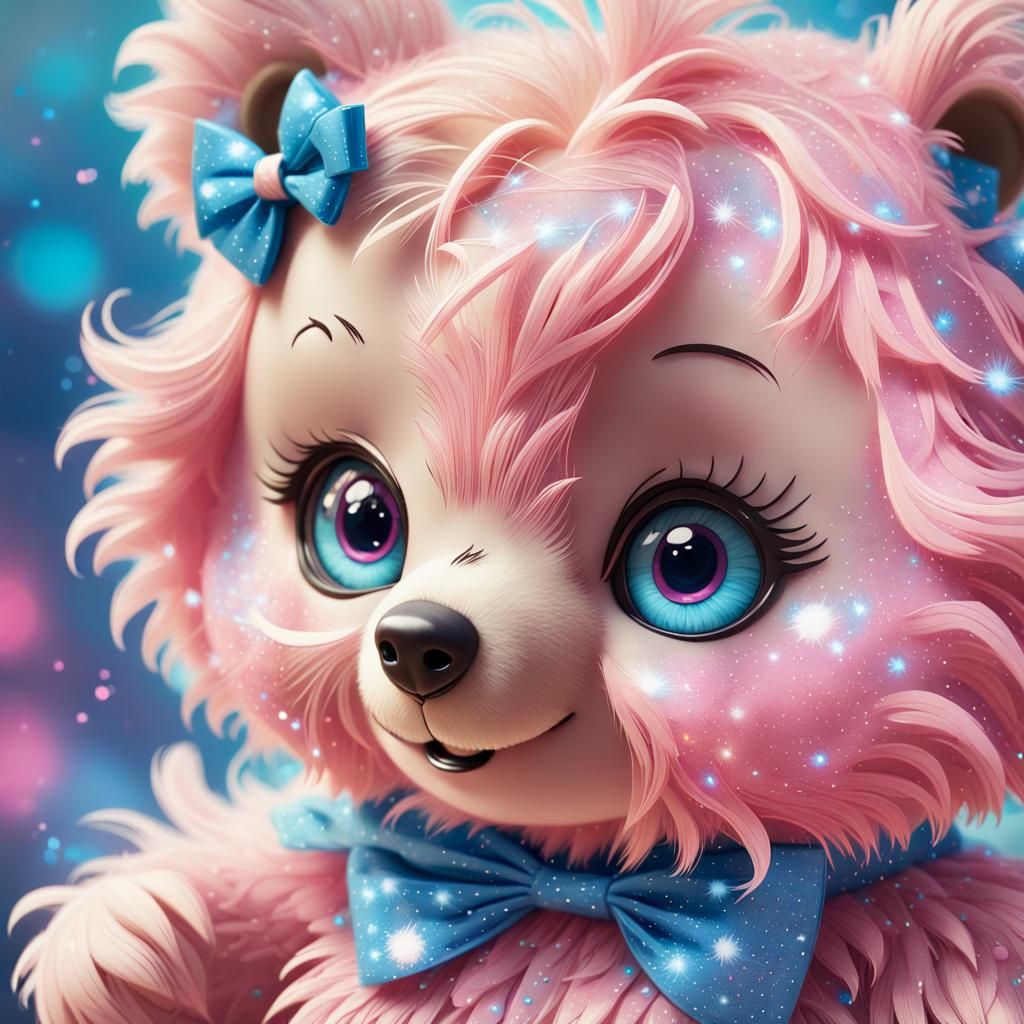 Kawaii illustration. A smiling cartoon bear with a bright face, big shining eyes, long eyelashes, and messy, feathery ha...