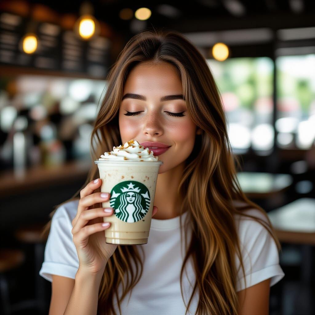 Woman Enjoys Frappuccino with Eyes Closed, Hyperrealistic Fo...