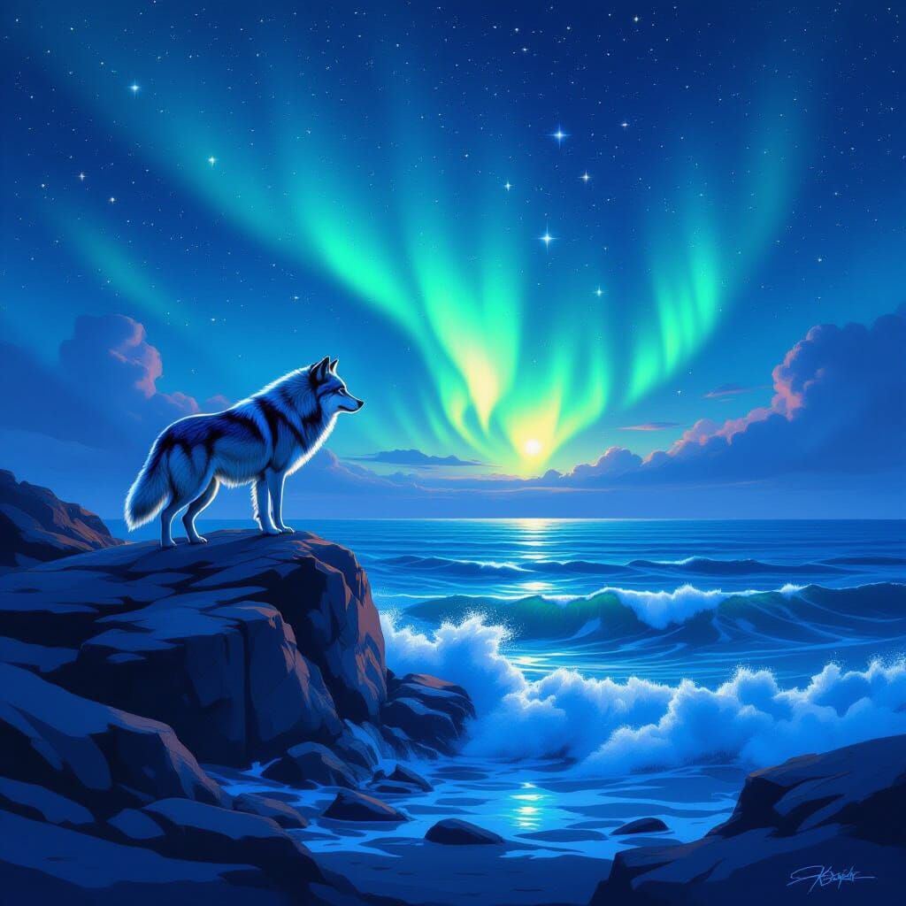 Wolf Under Starry Ocean and Aurora Borealis