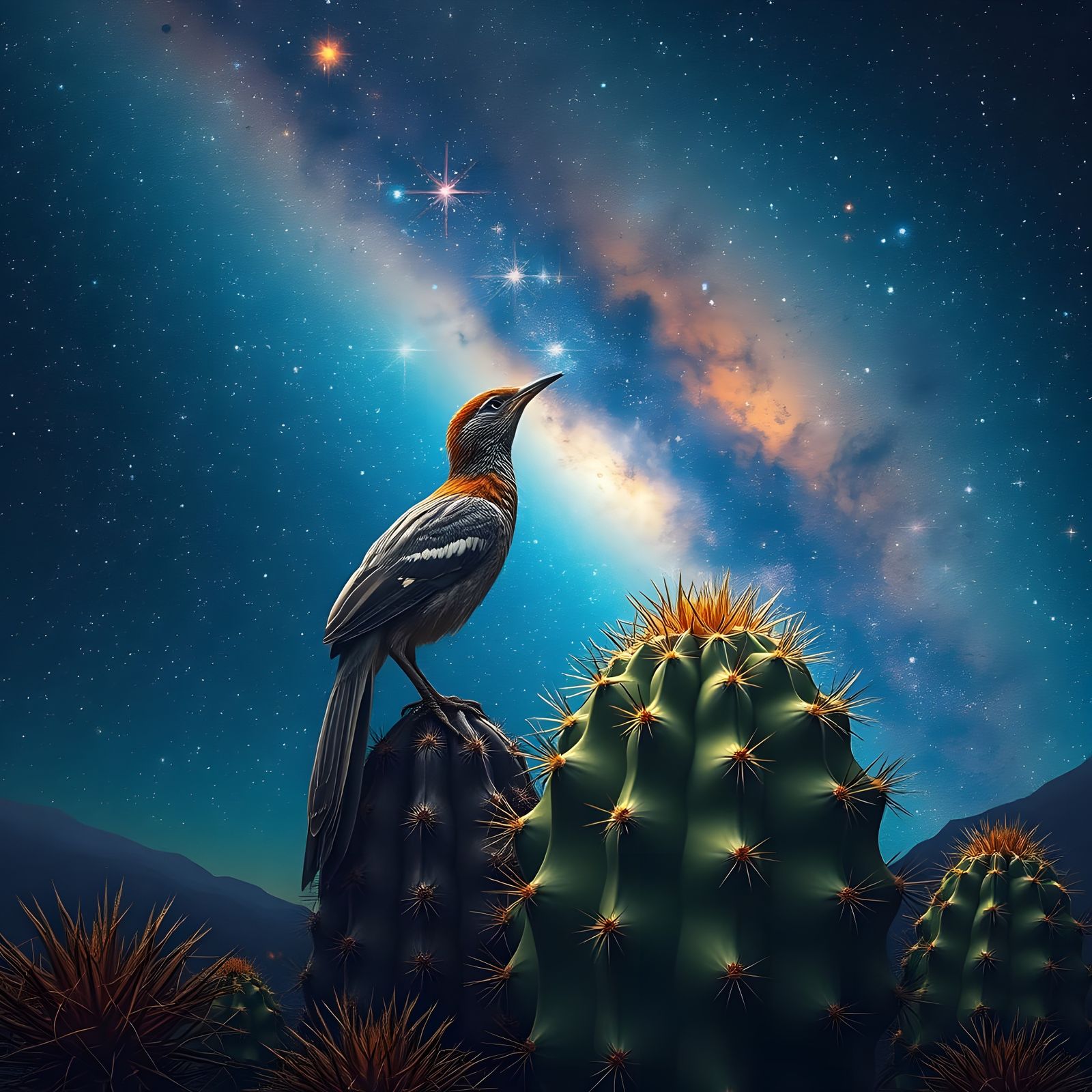 Roadrunner Gazing at Pleiades Star Cluster