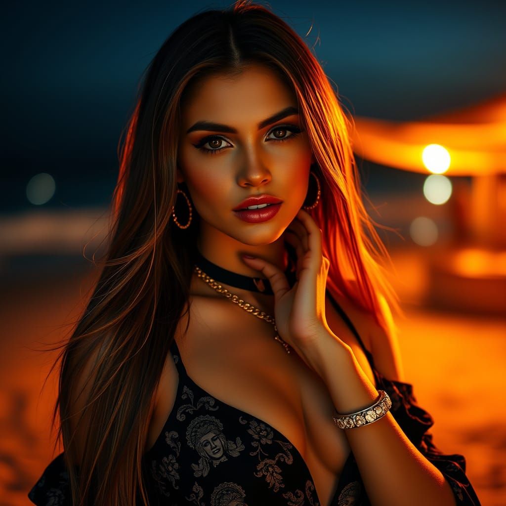 Woman Posing on Beach at Night in Fine Art Style