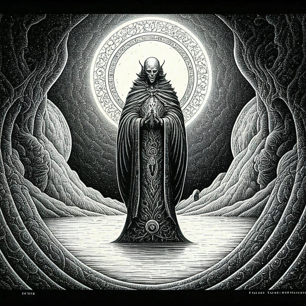 Mystical Ink Oracle in Dreamlike Fantasy Landscape