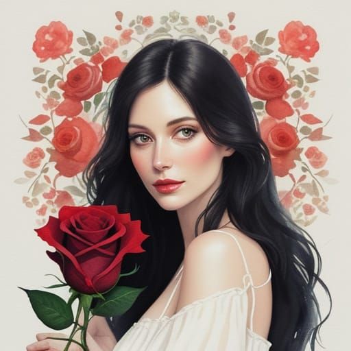 Woman Holding Red Rose in Soft Painterly Style