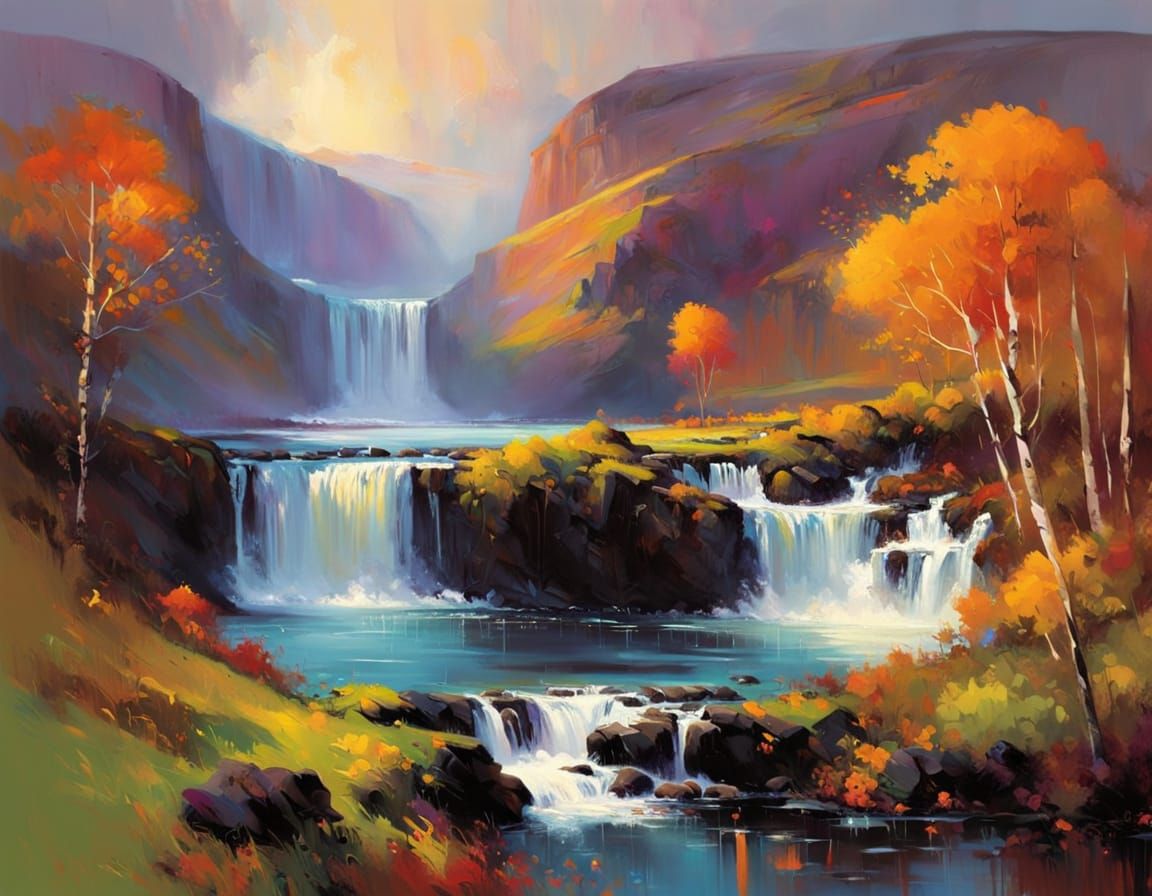 Vibrant Autumn Waterfall Landscape Painting